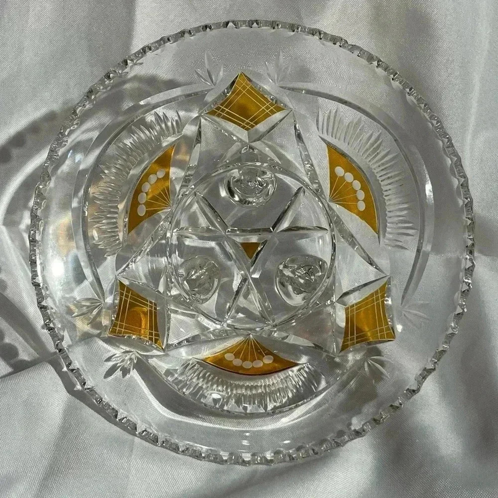 Vintage German Etched & Painted Scalloped Edged Crystal Footed Dish